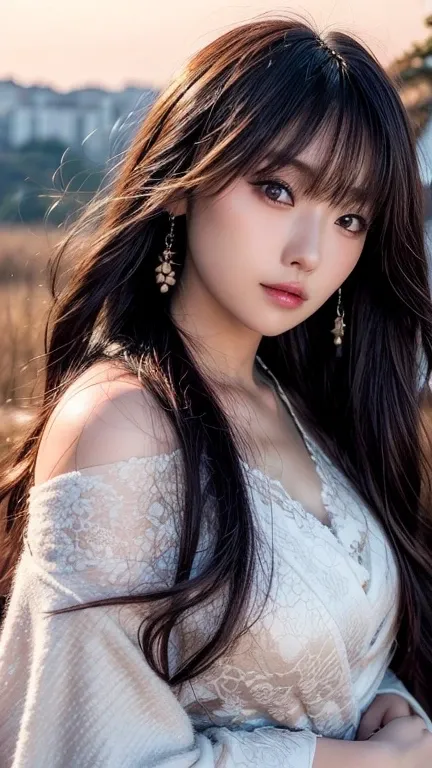 masterpiece , One beautiful girl , ( top quality, 8k, 32K, masterpiece ),, (The wind makes her hair  ), (  long hair,  black hair , (Over my shoulder:1.3)、 Japanese