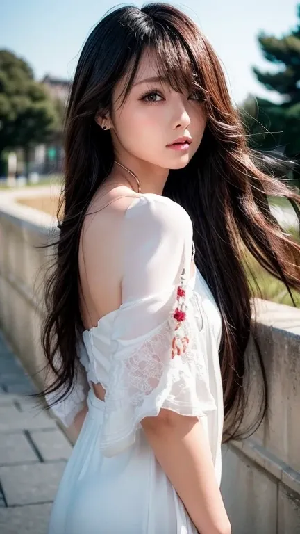 masterpiece , One beautiful girl , ( top quality, 8k, 32K, masterpiece ),, (The wind makes her hair  ), (  long hair,  black hair , (Over my shoulder:1.3)、 Japanese