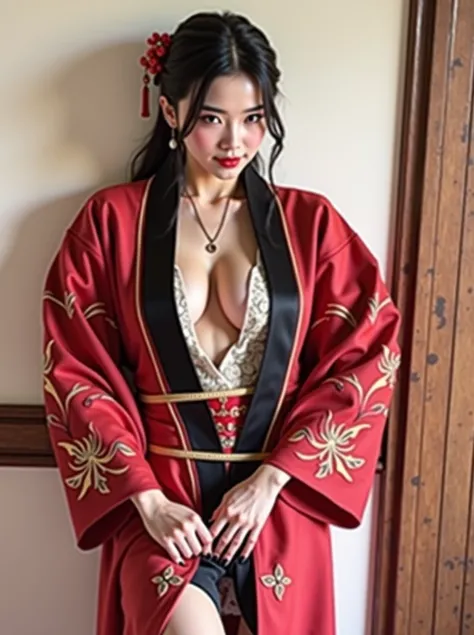 Arab Asian woman in red and black robe poses for photos, Illustration by Torii Kiyomoto,  instagram,  what is it ？, In kimono, Yoshitomo Nara,  young cute gravure idol, In kimono, Chiho,  Japanese Model,   Young Gravure Idol  , einfache Robe tragend 