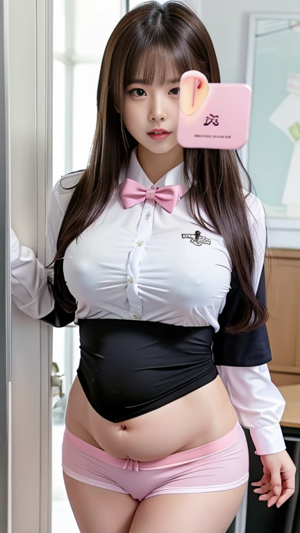 three women in school uniforms with one with her underwear around her ankles, panties, multiple girls, underwear, skirt, skirt lift, pink panties, school uniform, classroom, bow, white shirt, school machine, machine, lift it yourself, shirt, long hair, bro...