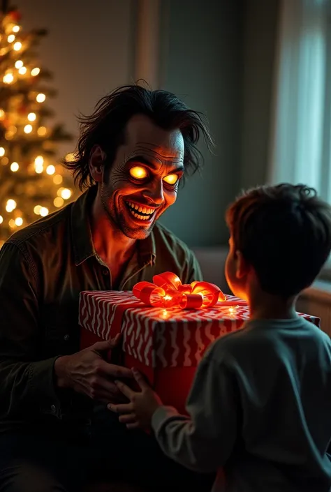  A creepy man with eyes glowing like embers , wide smile and pointy teeth ,  holding a large gift box .  He stares at a small one with a sinister expression ,  while the surrounding room is illuminated only by the Christmas tree.