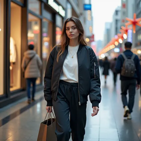 A 19-year-old woman walking through the Ginza District, wearing a modern streetwear outfit featuring a bomber jacket and tailored joggers. She’s holding a shopping bag, as if she’s just finished some luxury shopping, with the bright lights and bustling atm...