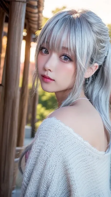 masterpiece , One beautiful girl , ( top quality, 8k, 32K, masterpiece ),, (The wind makes her hair  ), (  long hair,  Silver Hair , (Over my shoulder:1.3)、 Japanese