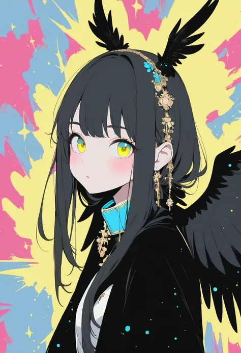 masterpiece, best quality, ultra deteiled, super aesthetic, flat anime, 1girl, portrait, look at me, black jacket, accessory, black wings, crow wings, kawaii anime,flat color, glittering particles, grafitti theme,  ultra aesthetic illustration, pop art,