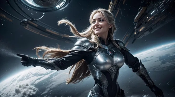 An ultra-realistic cinematic scene in frozen futuristic city. The scene depicts a sensual space female goddess standing triumphantly on a battlefield, and in front of a hugely exploding spaceship. her strong physique glistening with sweat and remnants of b...