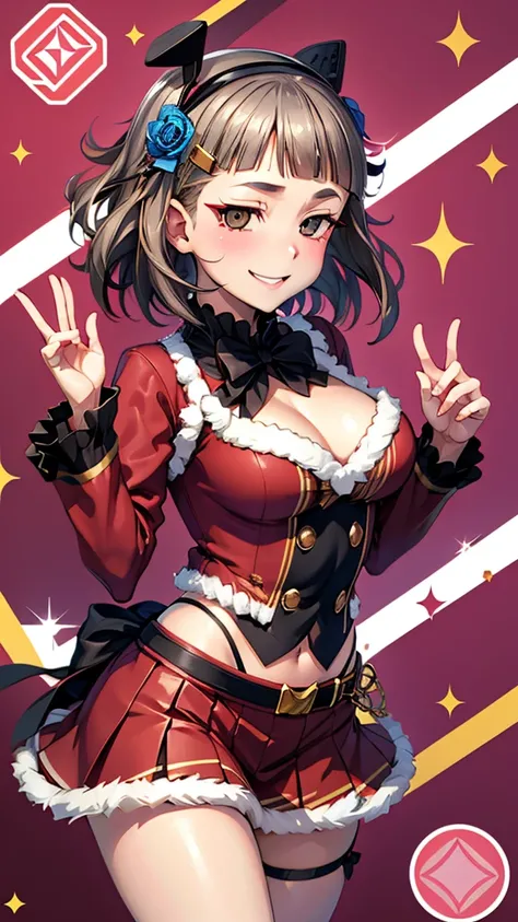 (((solo))), 1 woman, Sakuya Kurobane, sakuyaunif, kurobane_sakuya, (brown eyes), short hair, grey hair, black hairband, blue hair flower, red eyeliner, blush, smile, beautiful chest, middle chest, (Sexy Santa Claus cosplay), wearing a miniskirt with separa...