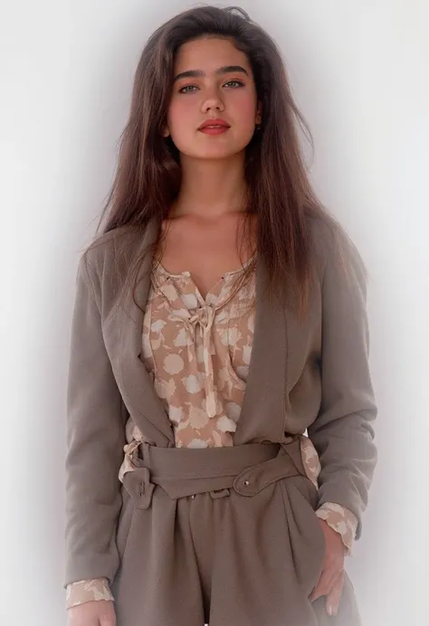 1996 clothing style, twenty year old woman, long dark hair, blank background, 90s clothing, 90s style, 1990s, studio portrait, designer clothing, pretty girl, jen4con4, sophisticated outfit