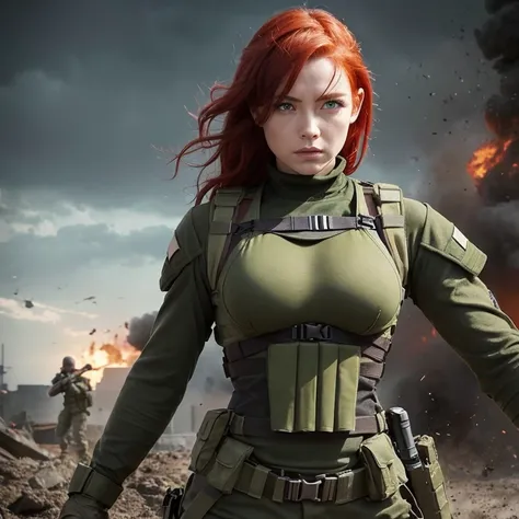 ((Female Soldier with Red Hair )), green eyes、 cracked abs、Strong biceps、Big cleavage、Age 35、 perfect eyes、 Completed、 anatomically correct 、break,olive combat uniform、Bulletproof vest、Throat Mic、military gloves 、 Her Face and Body Are Dirty with Mud、Milit...