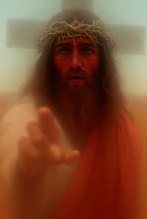  Create the image of a man with beard and long hair in the color brown, Hes crying and looking serious,  over his head has a crown of thorns , He has a white outfit with a red robe, Hes pointing his finger forward at the viewer,  Do him close to the screen...