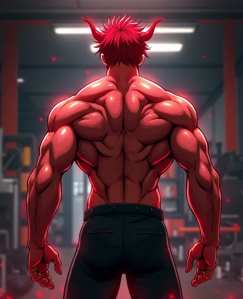 (((( Yuijiro Hanma ))),  is a guy , Red hair,  Black Pants ,  Devil Back , , strong back and clear muscles., . Focus on your back ,  in the bodybuilding gym , Anime, Baba ,18+