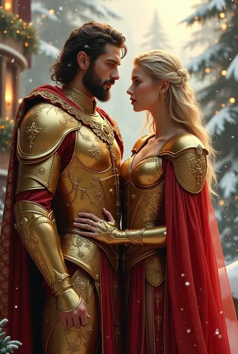 Couple dieu et déesse armure doré et rouge . Décor Noël 