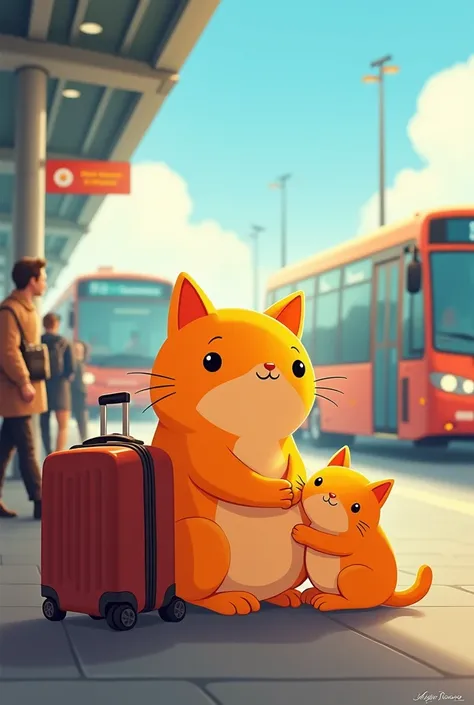 "Create a cartoon-style image of an orange chubby cat holding a smaller orange kitten while sitting on a bench at a bustling bus station. Luggage is beside them, and the morning sky is bright blue, with a soft golden glow illuminating the station. The scen...