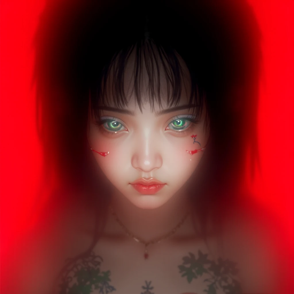 Close-up from waist to head :
beautiful young korean girl.
 Emerald green eyes , obfuscating, expressive, bioluminescentes. 
 Chanel-style black hair .
 snow-white skin.
2 horns on the forehead.
tattoo on face and arm .
 angry expression .
Fundo simples de...