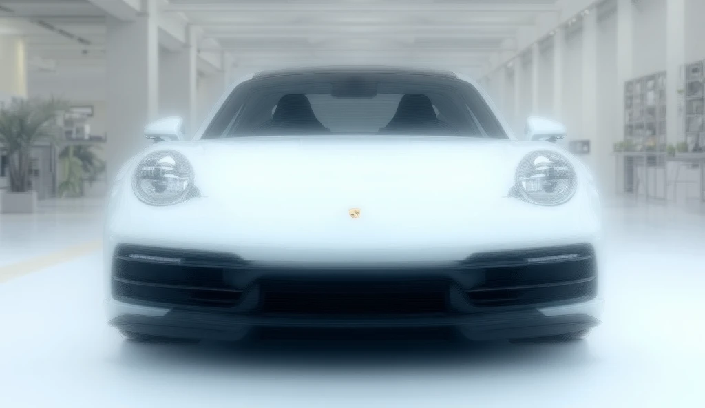 straight front  view of painted (off white) with shiny colour(  2025 Porsche 911)sleek in large shape sedan in large size with (Porsche) logo on its large detailed grille in shiny black clour with angular sporty design captured from (full front)with sleek ...