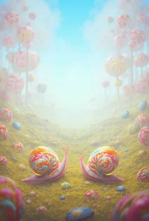 A multicolored country with two snails, one small and one large, and a world of lollipops