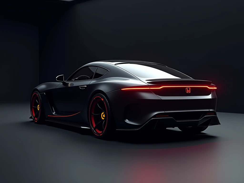 Create a hyper-realistic image of a sleek luxury 2025 Honda S2000 car in the black color show back ground and tail lights