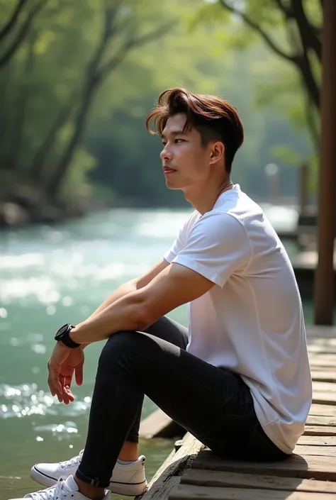 Professional photography, river flowing through a wooden yard, close-up photo of a handsome Korean man กล้ามใหญ่ไหล่กว้าง, (muscular man with short hair), (big muscles, big body), (handsome, fit body), , (muscular man with short hair), (big muscles, big bo...