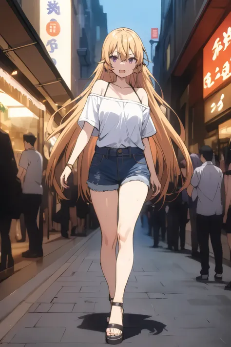 NSFW,masterpiece, top quality , high res, very detailed,Elina Nakiri 、 long hair、 orange hair、 purple eyes、 hair between eyes , off shoulder shirt, denim shorts,Sandals Heels ,bustling street