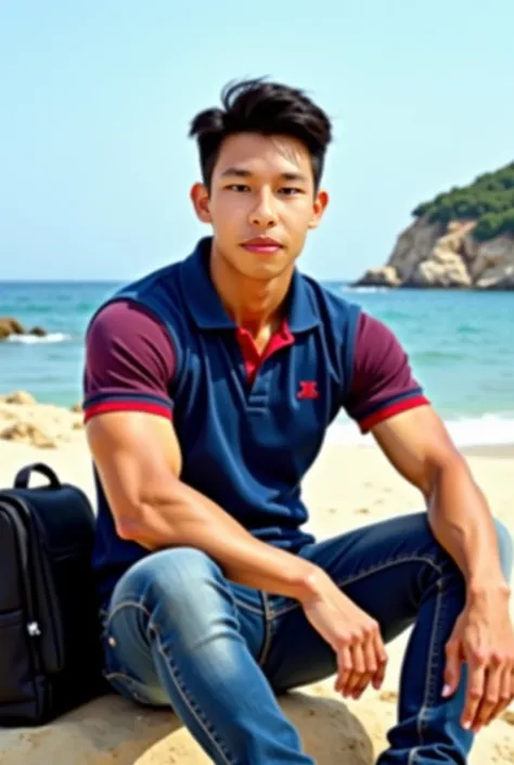 ภาพจริง,แสงธรรมชาติ, ((realistic daylight)) , Young Korean man in a blue and red polo shirt and jeans, A handsome,, (((Big arm muscles, tight breasts , Muscle Bundle, ))), muscular young Asian man looks at the camera. นั่งบนหาดทราย ชายทะเล เป้สีดำข้างๆ  