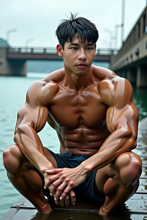 ((Korean man wearing navy blue short-sleeved sports shirt, sitting position by the bridge, wet shirt, wet hair, wet sweat)) , (((Big arm muscles,  tight breasts ,  muscle bundle , ))), (((Men with short hair))), (((, big muscles, big torso))), (((Seductive...