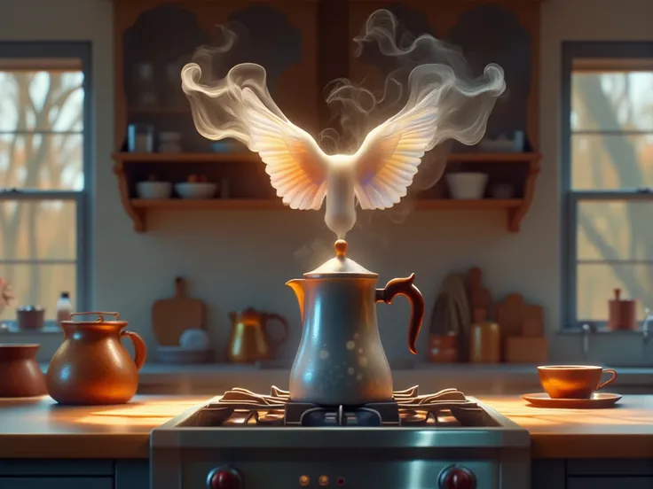 Morning time, soft morning light in a rustic kitchen. An Italian espresso maker on the stove, with smoke rising in the shape of a dancing angel. The scene is realistic, with a kinetic 4D feel, capturing the fluid motion and ethereal quality of the smoke. T...