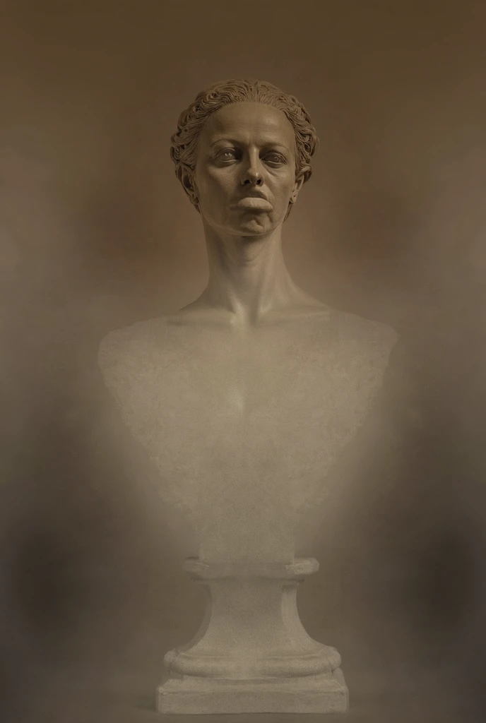  A beautiful latina woman with tidy low hairbun standing straight without expression is undergoing the process of becoming a bust sculpture in a museum,  half of her body is cast with cement to support , box-shaped , no nipple, an old man is painting the p...