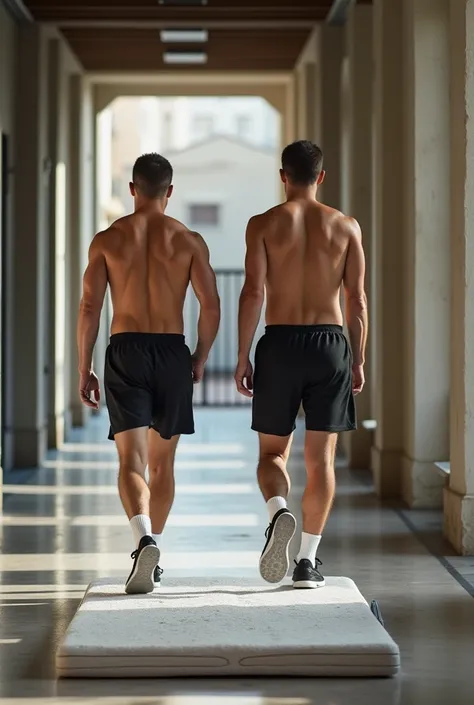 Dans un hall d’entrée, des hommes sportifs torse nu et en sueur, en adidas boueuses, marchent et piétinent un draps jeté sur matelas, jeté par terre sous leurs pieds. Les pieds sur le matelas plein de boue.