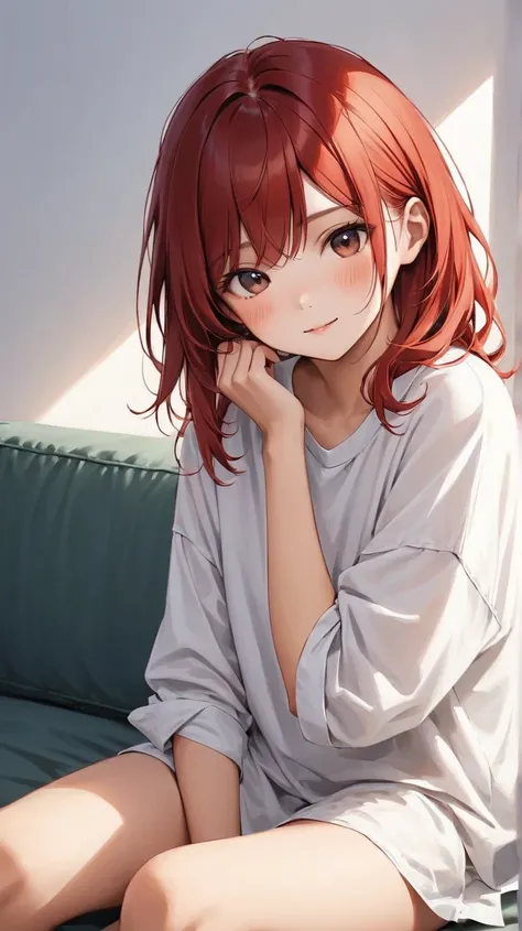 Character: 17-year-old girl, medium-length tousled red hair with a slight wave, wearing an oversized white mens shirt styled for comfort and modesty. The shirt is loosely worn with some casual folds at the hem, creating a cozy and relaxed look.
Pose and St...