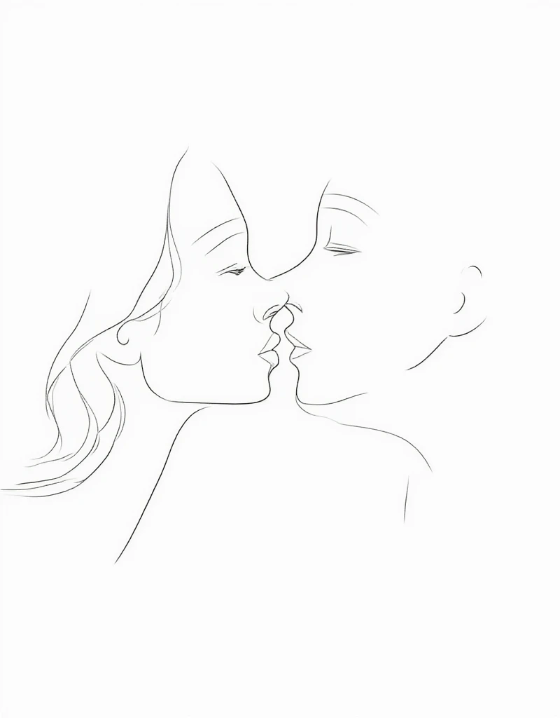 Abstract man and woman kiss lips by line drawing, Simple Kiss Line Drawing, Poster in a frame set Romantic Kiss, one-stroke sketch, Simple Line Art, Minimalist drawing, Minimalism Art, minimalist_line_style