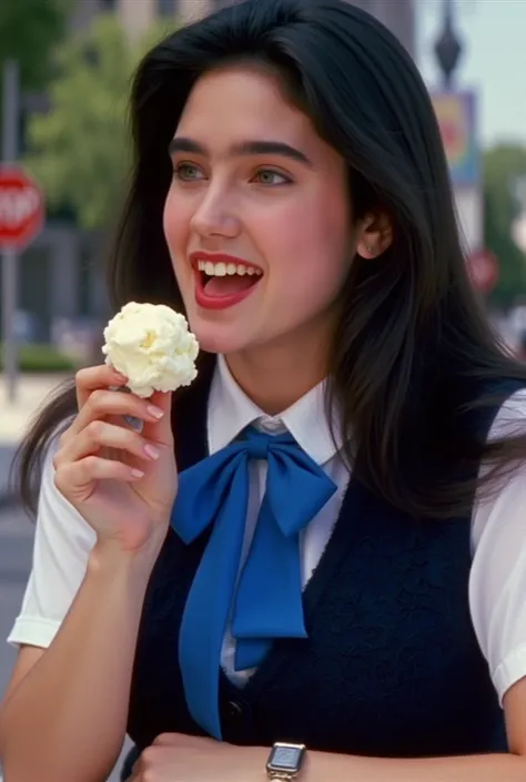 Front view, her beautiful profile, a very lovely girl with long black hair, (Jennifer Connelly at age 15:1.5), adorable face, beaming smile, She is licking a ice cream with relish., she wears in a dark blue school uniform and white shirt with a vivid blue ...