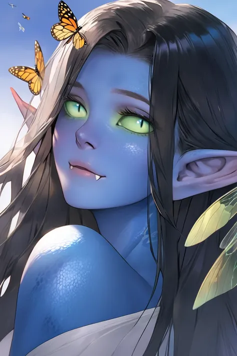  long hair,  big breasts,  pointy ears , fangs, blue skin ,lizard tail, green sclera,Pupils, black,alien,  butterfly antennas ,dragonfly wings,Sleepy,