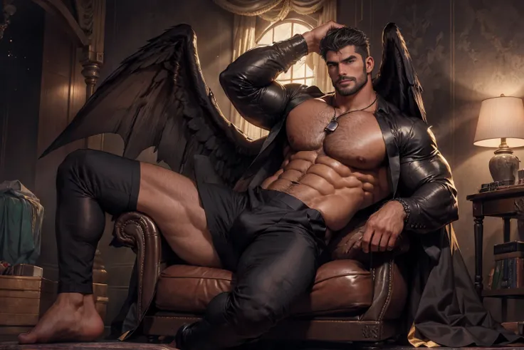 （（（angel caido！angel！ Black-lipped Tooth ！big black angel wings！Gothic）））, perfect composition,！））, （（ Involuntary chest exposure .））elegant male, elegant chin Chad , elegant and attractive, Elegant and elegant, elegant man, Attractive Man, masculine and e...