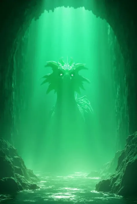  A vast cave with shimmering walls of natural crystals . 

 A huge dragon with glowing green scales stood majestically in the center of the cave,  thin white smoke coming out of his nose .  His golden eyes shone brightly , staring at the langsun 