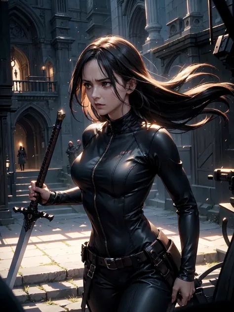 a crying heretic woman in a skin-tight brown and black knit jumpsuit, long hair, wielding a sword in the name of god, action scene, cinematic lighting, (best quality,4k,8k,highres,masterpiece:1.2),ultra-detailed,(realistic,photorealistic,photo-realistic:1....