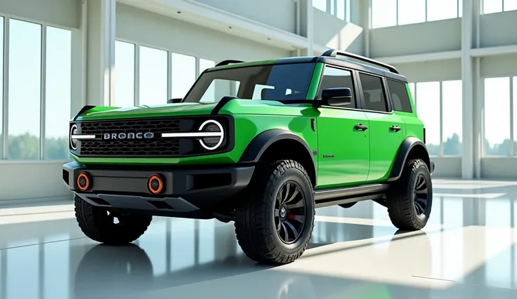 Straight side of painted green with shiny clour 2025 ( Ford bronco ) sleek in large shape sedan in large size with ( Ford ) logo on its large detailed grille in shiny black clour with angular sporty design captured from straight front view with modified sl...