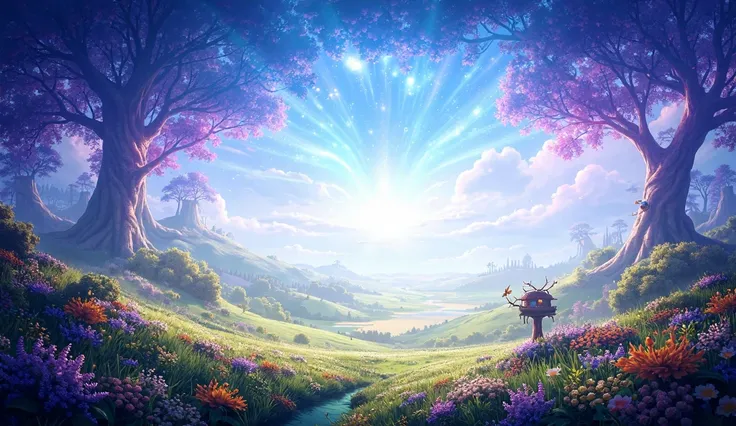 A magical country landscape ,  colorful trees stretch into the sky and lights dance through the sky.  Draw realistic in animation style .