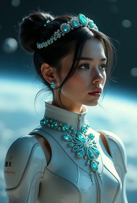 (8k,  top quality , masterpiece), ( realistic ,  Photorealistic ),  top quality の, masterpiece, Future Mercury Queen with Chinyon Hair,  black hair,  beautiful women, Symmetrical face,  symmetrical eyes next to woman ,  chignon hair in , Wearing a space su...