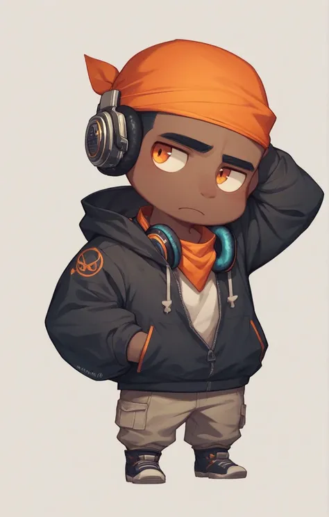 # **Prompt:**

# “A chibi-style male character with dark skin, wearing a gorilla-themed hoodie in orange and black as the main colors. The character has a bandana on his head, headphones around his neck, and stands against a plain white background. The ove...