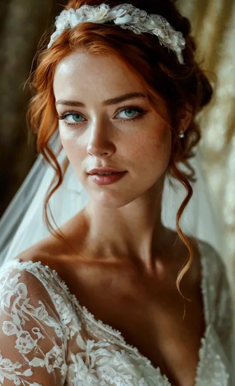 Realistic upper body portrait of AMBER HEARD 23-year-old red-haired Irish bride with long hair,  hair band , collar, smile.  She poses in front of the camera wearing a satin A-line wedding dress with straps ..., schöne Muster im satin Fabric , wedding,glam...