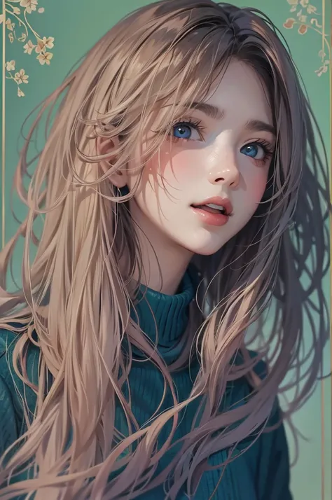  Hi-def images  ，   female portrait_   face details, length_hair,  dark blue sweater with thin fabric,   amazing painting in high definition 。