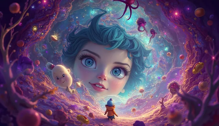 Little Maya ,  Her eyes shine as she steps into the Land of Dreams.  There are amazing colors and fantastic elements all around .  Draw realistic in animation style .