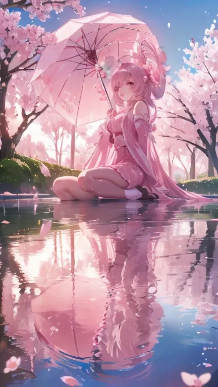 Cherry blossoms美久,  upper body,  Smile,  blush, Sitting, ((Cherry blossoms)), ((Pink sleeves)), Pink, (( pink pantyhose)),  pink sky , Sunset, lake, Reflection