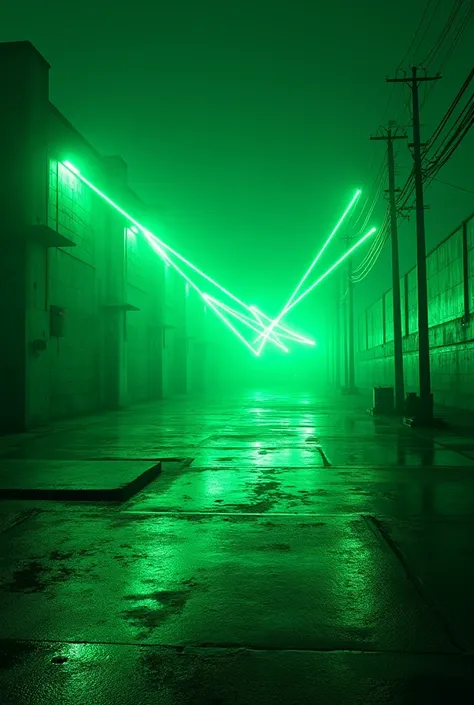 Background is set in an industrial parking with a neo-industrial vibe: concrete, green neons lights. Bright green lasers are also crossing in the background.