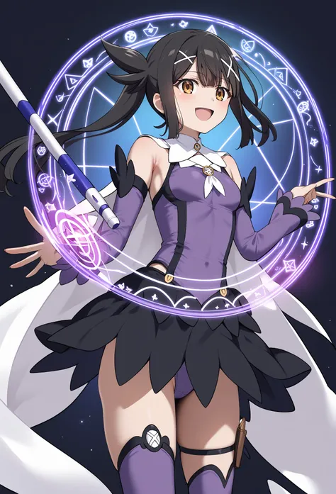 score_9, score_8_up, score_7_up, score_6_up, score_5_up, score_4_up, source_anime, aamiyu, black hair, twintails, x hair ornament, brown eyes, small breasts, bare shoulders, magical girl, white cape, purple leotard, detached sleeves, purple sleeves, showgi...