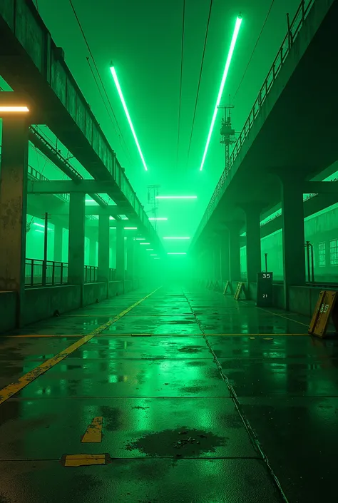 Background is set in an industrial parking with a neo-industrial vibe: concrete, green neons lights. Bright green lasers are also crossing in the background.