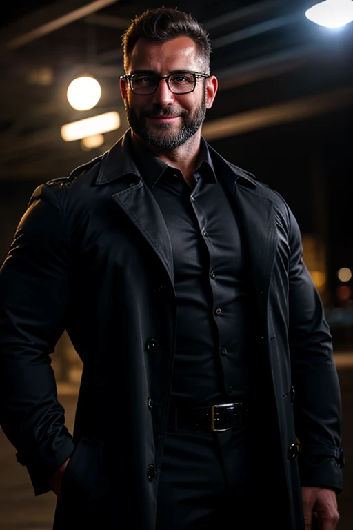 An original award-winning photo，A wild muscular man, (40 years old daddy:1.1), 1st grade, standing alone, (trenchcoat marrom), (black dress shirt), (large shoulders, stubbles, short beard, Beautiful  eyes:1.3, ), (face detailed:1.3), wearing glasses, smile...