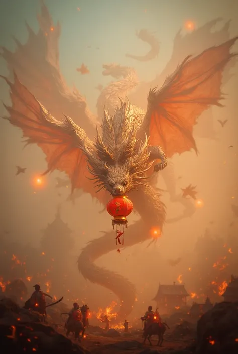 The dragon raises its wings ,  creates a wind that makes the Lian lantern almost go out . 

in the background,  visible visual shadow of past stories :  dragons fly in the sky and their protected villages