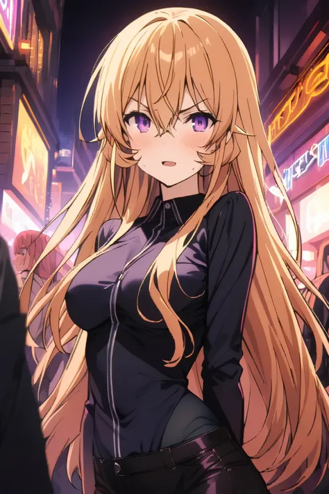 NSFW,masterpiece, top quality , high res, very detailed,Elina Nakiri 、 long hair、 orange hair、 purple eyes、 hair between eyes ,Cool clothes,Nightlife