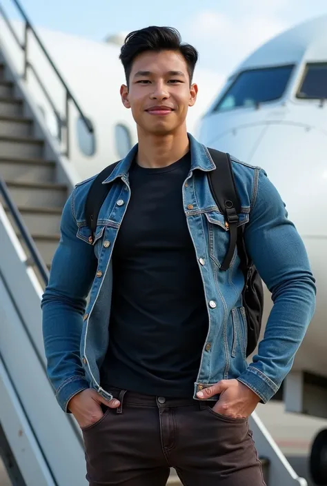 Portrait photo Big muscular man, tight chest ,  muscle bundle ,  Asian young brunette is neatly standing outdoors amid the backdrop going down the stairs of the plane, standing looking at the camera on the right, backpack.  He wears a stylish blue denim ja...