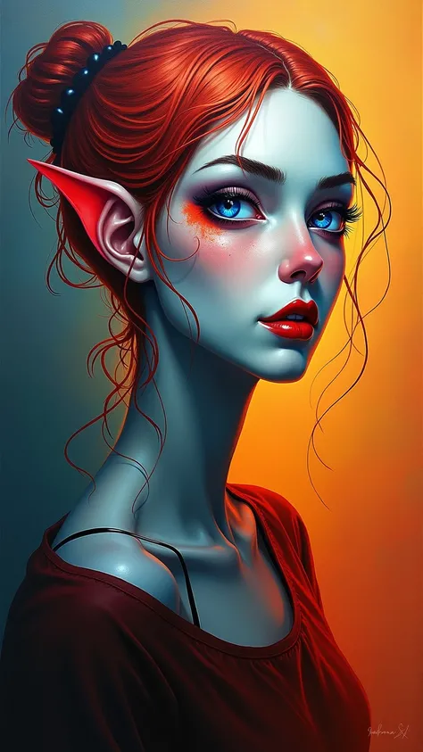  painting of a woman with red hair and blue eyes with a red ear,  Andrews esao art style ,  by Andrey Riabovichev , beautiful art uhd 4k,  Android Jones painting , adrian borda, inspired  by Andrey Riabovichev , Beeple y Jeremiah Ketner, by Tommaso Dolabel...